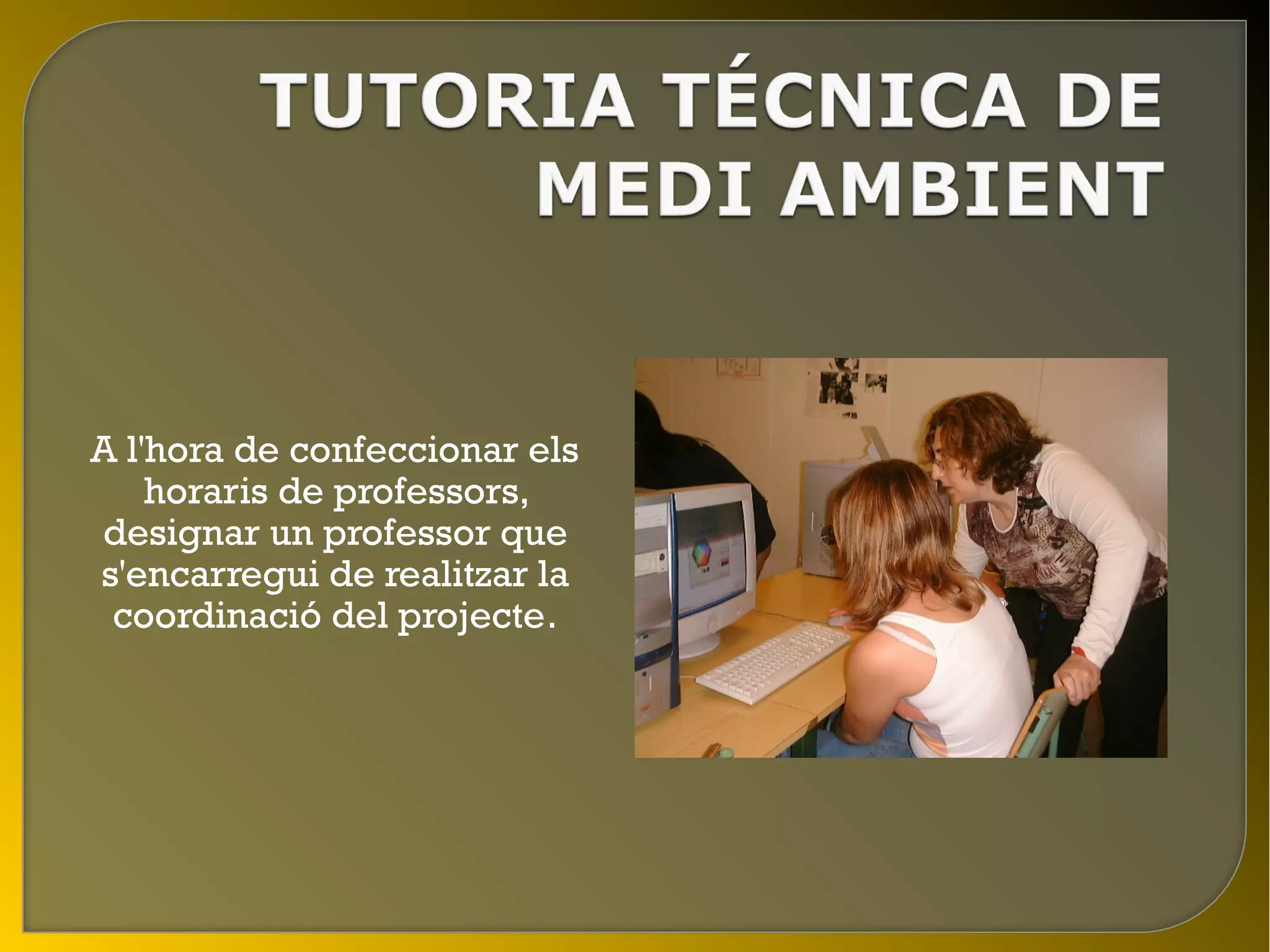 A l'hora de confeccionar els
    horaris de professors,
designar un professor que
s'encarregui de realitzar la
 coordinació del projecte.
 