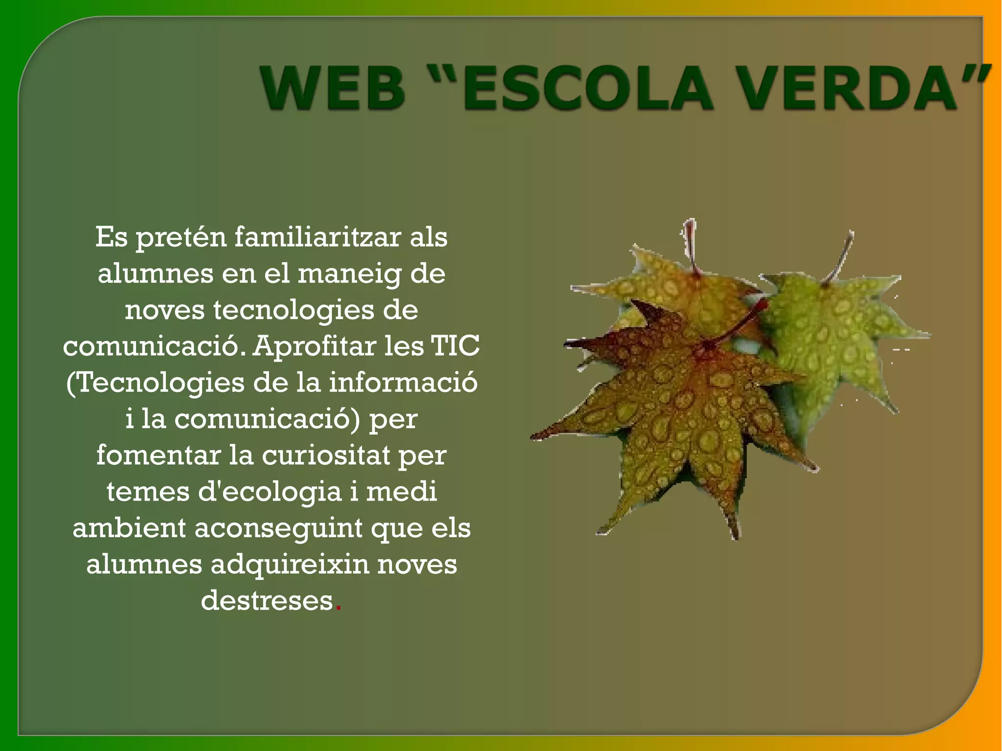 Es pretén familiaritzar als
   alumnes en el maneig de
      noves tecnologies de
comunicació. Aprofitar les TIC
(Tecnologies de la informació
      i la comunicació) per
   fomentar la curiositat per
    temes d'ecologia i medi
 ambient aconseguint que els
  alumnes adquireixin noves
             destreses.
 