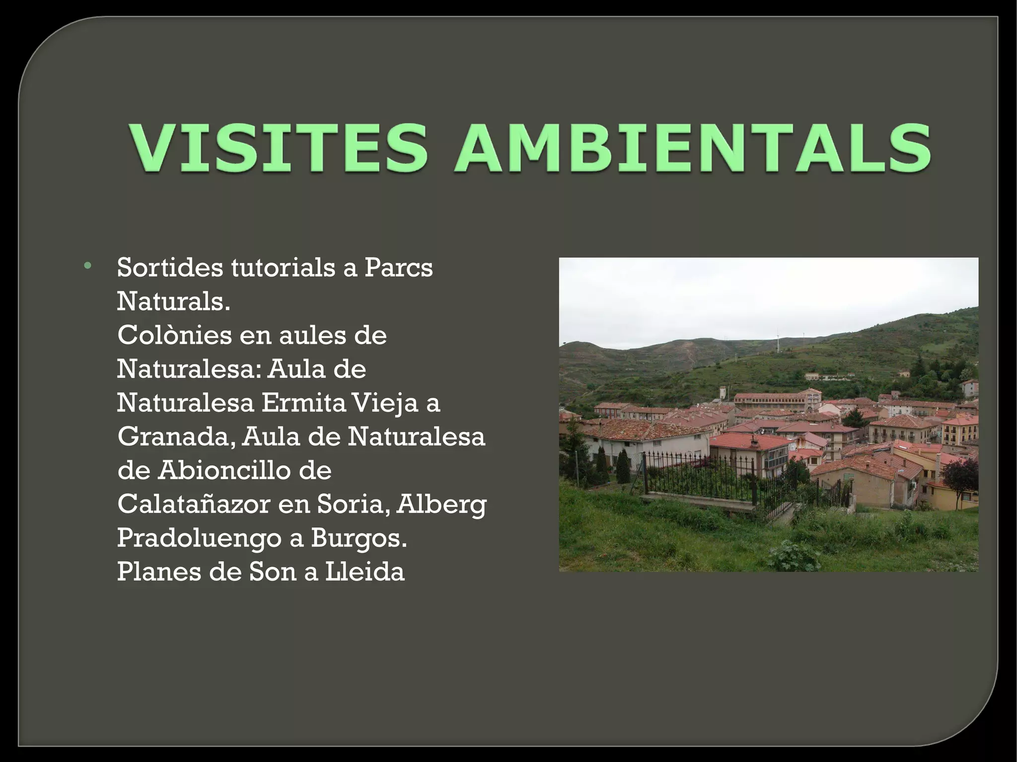• Sortides tutorials a Parcs
  Naturals.
  Colònies en aules de
  Naturalesa: Aula de
  Naturalesa Ermita Vieja a
  Granada, Aula de Naturalesa
  de Abioncillo de
  Calatañazor en Soria, Alberg
  Pradoluengo a Burgos.
  Planes de Son a Lleida
 