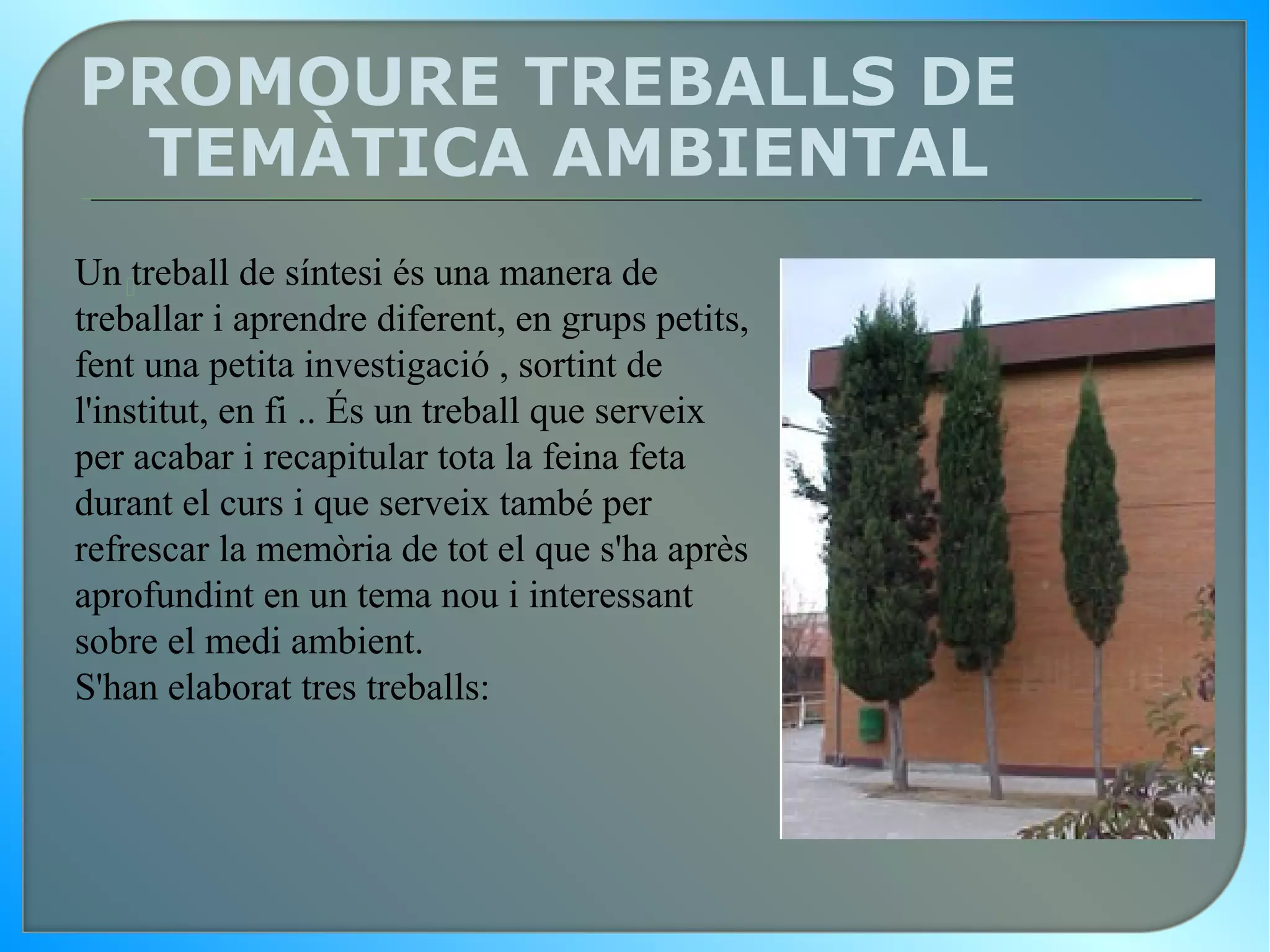 PROMOURE TREBALLS DE
 TEMÀTICA AMBIENTAL
Un treball de síntesi és una manera de
treballar i aprendre diferent, en grups petits,
fent una petita investigació , sortint de
l'institut, en fi .. És un treball que serveix
per acabar i recapitular tota la feina feta
durant el curs i que serveix també per
refrescar la memòria de tot el que s'ha après
aprofundint en un tema nou i interessant
sobre el medi ambient.
S'han elaborat tres treballs:
 