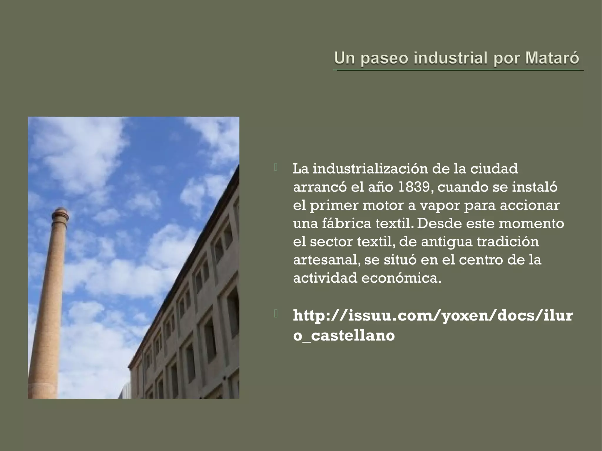    La industrialización de la ciudad
    arrancó el año 1839, cuando se instaló
    el primer motor a vapor para accionar
    una fábrica textil. Desde este momento
    el sector textil, de antigua tradición
    artesanal, se situó en el centro de la
    actividad económica.

   http://issuu.com/yoxen/docs/ilur
    o_castellano
 