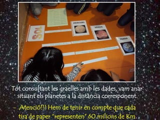 Tot consultant les graelles amb les dades, vam anar
  situant els planetes a la distància corresponent.
- Atenció!!! Hem de tenir en compte que cada
  tira de paper “representen” 60 milions de Km.
 
