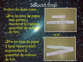 Solució final
Podem fer dues coses :
 Fer les tires de paper
  més petites i
  mantenir la mateixa
  quantitat de milions
  de Km.
                            o bé ...

Fer les tires de paper
d’igual tamany però
augmentant la
quantitat de milions
de Km.
 