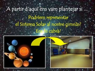 A partir d’aquí ens vam plantejar si ...
            Podríem representar
    el Sistema Solar al nostre gimnàs?
               Ens hi cabrà?
 