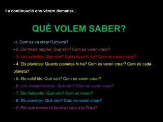 I a continuació ens vàrem demanar...
QUÈ VOLEM SABER?
-1. Com es va crear l’Univers?
- 2. Els forats negres: Què són? Com es varen crear?
- 3. Les estrelles: Què són? Quins tipus hi ha? Com es varen crear?
- 4. Els planetes: Quants planetes hi ha? Com es varen crear? Com és cada
planeta?
- 5. Els satèl·lits: Què són? Com es varen crear?
- 6. Les constel·lacions: Què són? Com es varen crear?
- 7. Els meteorits: Què són? Com es creen?
- 8. Els cometes: Què són? Com es varen crear?
- 9. Per què només hi ha aire i vida a la Terra?
 