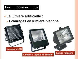 La lumière artificielle :
Les Sources de
lumière
 Eclairages en lumière blanche.
Lampe halogène
Lampes à vapeur de sodium
Lampes à LED
 