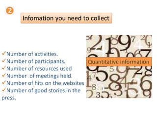 Infomation you need to collect
Quantitative information
Number of activities.
Number of participants.
Number of resources used
Number of meetings held.
Number of hits on the websites
Number of good stories in the
press.
 
