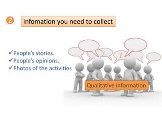 Qualitative information
Infomation you need to collect
People’s stories.
People’s opinions.
Photos of the activities
 