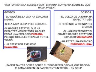VAM TORNAR A LA CLASSE I VAM TENIR UNA CONVERSA SOBRE EL QUE
                         HAVIA PASSAT.
GOSSOS:                                              GOSSOS:
- EL VOLCÀ DE LA LAIA HA EXPLOTAT     - EL VOLCÀ DE LA EMMA HA
MENYS.                                           EXPLOTAT MÉS.
-SI I LA LAVA QUEIA PELS COSTATS.    -SI PERÒ NO HA TRENCAT EL
                                                       CRÀTER.
-SI HAGUÉS ESTAT EL QUE HA
EXPLOTAT MÉS DE TOTS, HAGUÉS            -SI HAGUÉS TRENCAT EL
ESTAT UNA EXPLOSIÓ PLINIANA          CRÀTER HAGUÉS ESTAT UNA
PERQUÈ S’HAGUÉS TRENCAT TOT EL           EXPLOSIÓ VULCANIANA
VOLCÀ!
                                       - HA ESTAT UNA EXPLOSIÓ
- HA ESTAT UNA EXPLOSIÓ                        ESTROMBOLIANA!
HAWAIANA!




 SABEM TANTES COSES SOBRE EL TIPUS D’EXPLOSIONS, QUE DECIDIM
      PLASMAR-HO EN UN PAPER FENT UN TREBALL EN GRUP
 