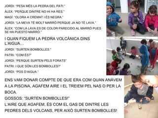 JORDI: “PESA MÉS LA PEDRA DEL PATI.”
ÀLEX: “PERQUE DINTRE NO HI HA RES.”
MAGÍ: “OLORA A CREMAT I ÉS NEGRA.”
JORDI: “LA MEVA TÉ MOLT MARRÓ PERQUE JA NO TÉ LAVA.”
ÀLEX: “COM LA LAVA ES DE COLOR PARECIDO AL MARRÓ PUES
SE HA PUESTO MARRÓ.”

I QUAN FIQUEM LA PEDRA VOLCÀNICA DINS
L’AIGUA…
JORDI: “SURTEN BOMBOLLES.”
PATRI: “COM ÉS?”
JORDI: “PERQUE SURTEN PELS FORATS”
PATRI: I QUE SÓN LES BOMBOLLES?”
JORDI: “POS D’AIGUA.”

ENS VAM DONAR COMPTE DE QUE ERA COM QUAN ANÀVEM
A LA PISCINA, AGAFEM AIRE I EL TREIEM PEL NAS O PER LA
BOCA.
GOSSOS: “SURTEN BOMBOLLES!”
L’AIRE QUE AGAFEM, ÉS COM EL GAS DE DINTRE LES
PEDRES DELS VOLCANS, PER AIXÒ SURTEN BOMBOLLES!
 