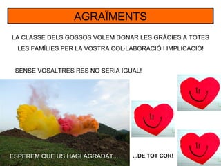 AGRAÏMENTS
LA CLASSE DELS GOSSOS VOLEM DONAR LES GRÀCIES A TOTES
  LES FAMÍLIES PER LA VOSTRA COL·LABORACIÓ I IMPLICACIÓ!


 SENSE VOSALTRES RES NO SERIA IGUAL!




ESPEREM QUE US HAGI AGRADAT...     ...DE TOT COR!
 