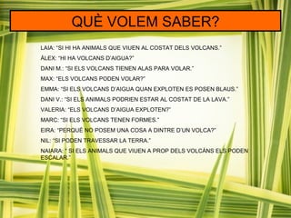 QUÈ VOLEM SABER?
LAIA: “SI HI HA ANIMALS QUE VIUEN AL COSTAT DELS VOLCANS.”
ÀLEX: “HI HA VOLCANS D’AIGUA?”
DANI M.: “SI ELS VOLCANS TIENEN ALAS PARA VOLAR.”
MAX: “ELS VOLCANS PODEN VOLAR?”
EMMA: “SI ELS VOLCANS D’AIGUA QUAN EXPLOTEN ES POSEN BLAUS.”
DANI V.: “SI ELS ANIMALS PODRIEN ESTAR AL COSTAT DE LA LAVA.”
VALERIA: “ELS VOLCANS D’AIGUA EXPLOTEN?”
MARC: “SI ELS VOLCANS TENEN FORMES.”
EIRA: “PERQUÈ NO POSEM UNA COSA A DINTRE D’UN VOLCA?”
NIL: “SI PODEN TRAVESSAR LA TERRA.”
NAIARA: “ SI ELS ANIMALS QUE VIUEN A PROP DELS VOLCÀNS ELS PODEN
ESCALAR.”
 