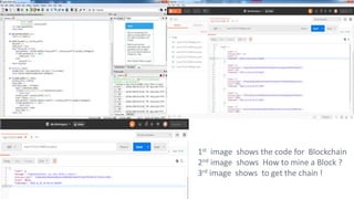 1st image shows the code for Blockchain
2nd image shows How to mine a Block ?
3rd image shows to get the chain !
 