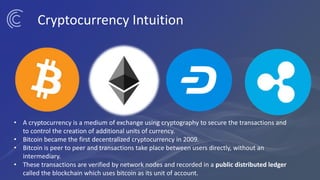 Cryptocurrency Intuition
• A cryptocurrency is a medium of exchange using cryptography to secure the transactions and
to control the creation of additional units of currency.
• Bitcoin became the first decentralized cryptocurrency in 2009.
• Bitcoin is peer to peer and transactions take place between users directly, without an
intermediary.
• These transactions are verified by network nodes and recorded in a public distributed ledger
called the blockchain which uses bitcoin as its unit of account.
 