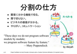 分割の仕方
       顧客に分かる機能で切る。
       層で切らない。
       ビジネスの価値が分かる。
       やりがい、コミュニケーション


"These days we do not program software
module by module;
we program software feature by feature.“
                —Mary Poppendieck                                                                                 by Akiyah

p.11   Project Facilitation by Kenji Hiranabe is licensed under a Creative Commons Attribution 3.0 Unported License.
 