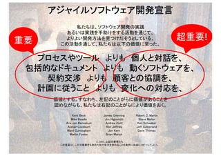 アジャイルソフトウェア開発宣言
                                私たちは、ソフトウェア開発の実践
                              あるいは実践を手助けをする活動を通じて、
 重要                          よりよい開発方法を見つけだそうとしている。                                                             超重要!
                            この活動を通して、私たちは以下の価値に至った。


        プロセスやツール よりも 個人と対話を、
       包括的なドキュメント よりも 動くソフトウェアを、
          契約交渉 よりも 顧客との協調を、
        計画に従うこと よりも 変化への対応を、
                       価値とする。すなわち、左記のことがらに価値があることを
                       認めながらも、私たちは右記のことがらにより価値をおく。

                                     Kent Beck             James Grenning         Robert C. Martin
                                    Mike Beedle             Jim Highsmith           Steve Mellor
                                Arie van Bennekum           Andrew Hunt            Ken Schwaber
                                 Alistair Cockburn           Ron Jeffries         Jeff Sutherland
                                 Ward Cunningham              Jon Kern             Dave Thomas
                                   Martin Fowler             Brian Marick

                                           © 2001, 上記の著者たち
                            この宣言は、この注意書きも含めた形で全文を含めることを条件に自由にコピーしてよい。

p.13   Project Facilitation by Kenji Hiranabe is licensed under a Creative Commons Attribution 3.0 Unported License.
 