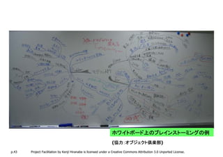 ホワイトボード上のブレインストーミングの例
                                                                 協力：オブジェクト倶楽部)
                                                                 協力：オブジェクト倶楽部
                                                                (協力：オブジェクト倶楽部
p.43   Project Facilitation by Kenji Hiranabe is licensed under a Creative Commons Attribution 3.0 Unported License.
 