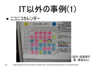 IT以外の事例(1)
       ニコニコカレンダー




                                                                                                        (協力：佐賀県庁
                                                                                                         東 泰史さん)
p.57   Project Facilitation by Kenji Hiranabe is licensed under a Creative Commons Attribution 3.0 Unported License.
 
