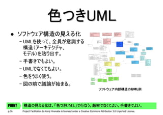 色つきUML
        ソフトウェア構造の見える化
        – UMLを使って、全員が意識する
          構造（アーキテクチャ、
          モデル）を貼り出す。
        – 手書きでもよい。
     ...
