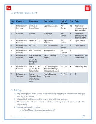 MOBILE BANKING - MAY 2015 17
2. Software Requirement
Item
No.
Category Component Description Unit of
Measure
Qty Note
1 Infrastructure
Software
CentOS &
Oracle Linux
Operating System Per
Server
12 8 servers at
primary site and
4 server at DR
2 Software Apache Webserver Per
Server
3 2 servers at
primary site and
1 server at DR
3 Infrastructure
Software
jboss-7.1.1.GA Application
Platform
Per
Server
6 Open Source
4 Infrastructure
Software
jdk (v 1.7) Java Environment Per
Server
6 Open Source
5 Infrastructure
Software
SSL Certificate Secure session Per
Domain
1
6 Infrastructure
Software
Oracle Database
11g R2
[11.2.0.4]
Enterprise
Edition
RDMS Database
Engine
Per Core 6 4 at Primary and
2 at DR site
8 Infrastructure
Software
Oracle 11g R2
[11.2.0.4] Grid
Infrastructure
DB Clustering and
Automatic Storage
Management(ASM)
Per Core 4 At Primary Site
7 Infrastructure
Software
Oracle
diagnostic Pack
Oracle tuning
pack
Oracle Database
Options
Per Core 6 7
3. Pricing
 Any other optional work will be billed at mutually agreed upon customization rates per
man day or per feature.
 Meezan Bank will be responsible for providing all testing handsets.
 All travel and board for personnel at all stages of the project will be Meezan Bank’s
responsibility.
 Implementation and Licensing
 60% at Master License Agreement sign-off
 