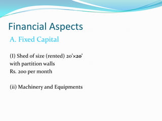 Financial Aspects
A. Fixed Capital

(I) Shed of size (rented) 20’×20'
with partition walls
Rs. 200 per month

(ii) Machinery and Equipments
 