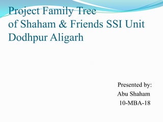 Project Family Tree
of Shaham & Friends SSI Unit
Dodhpur Aligarh



                      Presented by:
                      Abu Shaham
                      10-MBA-18
 