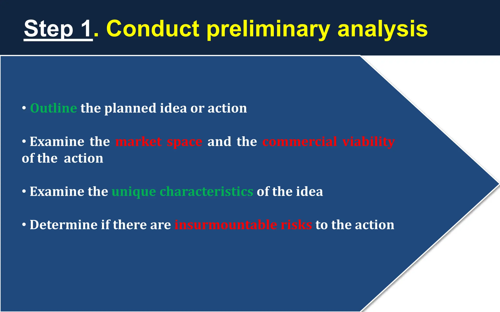 Step 1. Conduct preliminary analysis
• Outline the planned idea or action
• Examine the market space and the commercial viability
of the action
• Examine the unique characteristics of the idea
• Determine if there are insurmountable risks to the action
 