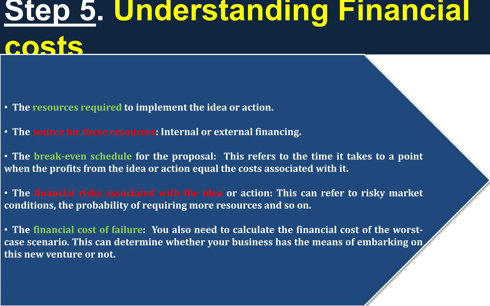 Step 5. Understanding Financial
costs
• The resources required to implement the idea or action.
• The source for these resources: Internal or external financing.
• The break-even schedule for the proposal: This refers to the time it takes to a point
when the profits from the idea or action equal the costs associated with it.
• The financial risks associated with the idea or action: This can refer to risky market
conditions, the probability of requiring more resources and so on.
• The financial cost of failure: You also need to calculate the financial cost of the worst-
case scenario. This can determine whether your business has the means of embarking on
this new venture or not.
 