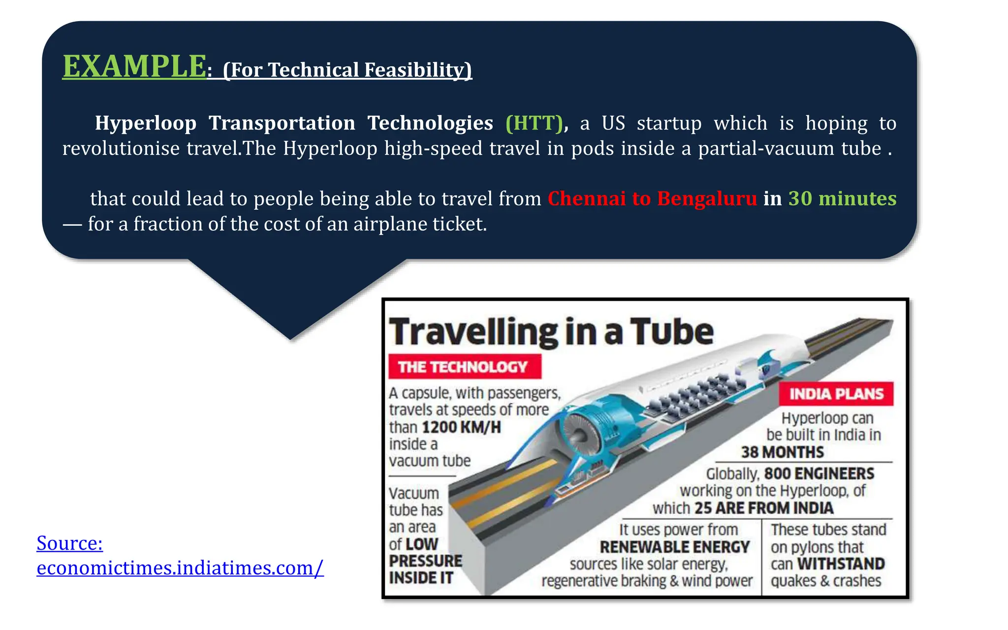 EXAMPLE: (For Technical Feasibility)
Hyperloop Transportation Technologies (HTT), a US startup which is hoping to
revolutionise travel.The Hyperloop high-speed travel in pods inside a partial-vacuum tube .
that could lead to people being able to travel from Chennai to Bengaluru in 30 minutes
— for a fraction of the cost of an airplane ticket.
Source:
economictimes.indiatimes.com/
 