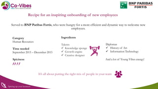 Recipe for an inspiring onboarding of new employees
Served to BNP Paribas Fortis, who were hungry for a more efficient and dynamic way to welcome new
employees.
Spiciness
Time needed
September 2015 – December 2015
Spicing up your business
Category
Human Resources
Ingredients
Talents
 Knowledge sponge
 Growth engine
 Creative designer
Diplomas
 History of Art
 Information Technology
And a lot of Young Vibes energy!
It’s all about putting the right mix of people in your team
 