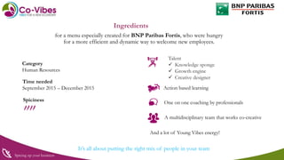 Ingredients
for a menu especially created for BNP Paribas Fortis, who were hungry
for a more efficient and dynamic way to welcome new employees.
Spiciness
Time needed
September 2015 – December 2015
Spicing up your business
Category
Human Resources
Talent
 Knowledge sponge
 Growth engine
 Creative designer
And a lot of Young Vibes energy!
It’s all about putting the right mix of people in your team
One on one coaching by professionals
A multidisciplinary team that works co-creative
Action based learning
 