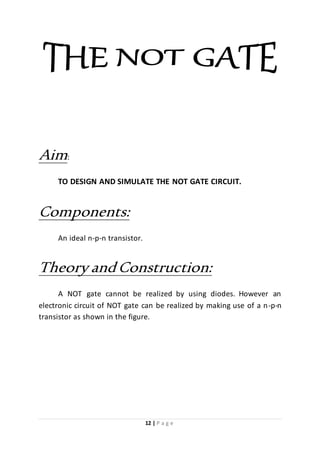 12 | P a g e
Aim:
TO DESIGN AND SIMULATE THE NOT GATE CIRCUIT.
Components:
An ideal n-p-n transistor.
Theory andConstruction:
A NOT gate cannot be realized by using diodes. However an
electronic circuit of NOT gate can be realized by making use of a n-p-n
transistor as shown in the figure.
 