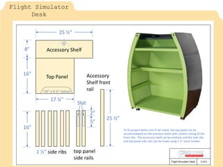 3 of 4
Flight Simulator
Desk
Flight Simulator Desk
To fit project within one 4’ x4’ sheet, the top panel can be
accommodated on the previous sheet with careful cutting of the
front ribs. The accessory shelf can be omitted, and the side ribs
and top panel side rails can be made using 1 ½” stock lumber.
Top Panel
~16” x 4 ½“ cutout
16”
17 ¼“
Accessory Shelf
8”
25 ½“
16”
1 ½” side ribs
2”
5”
top panel
side rails
Slot
Accessory
Shelf front
rail
25 ½”
 