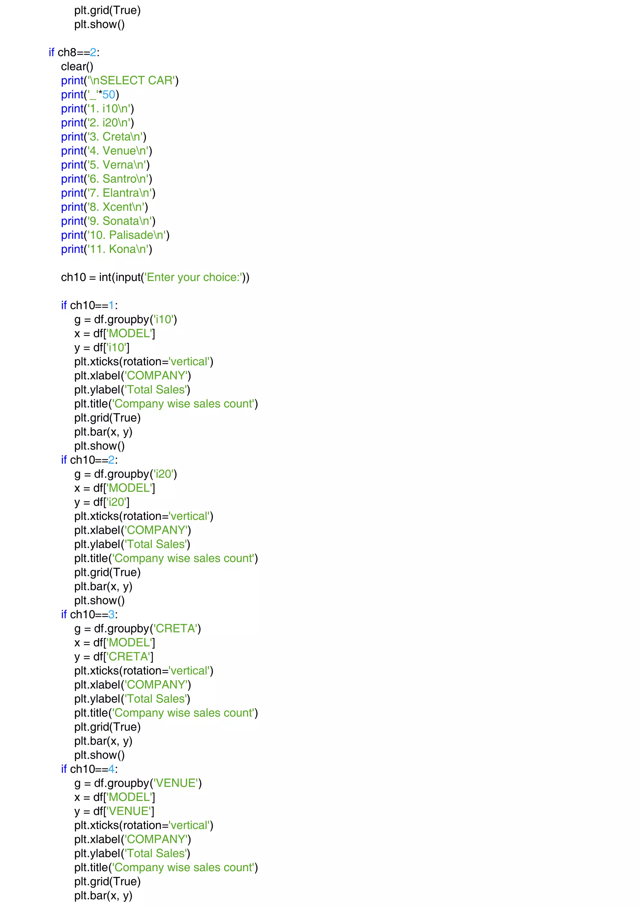 plt.grid(True)
plt.show()
if ch8==2:
clear()
print('nSELECT CAR')
print('_'*50)
print('1. i10n')
print('2. i20n')
print('3. Cretan')
print('4. Venuen')
print('5. Vernan')
print('6. Santron')
print('7. Elantran')
print('8. Xcentn')
print('9. Sonatan')
print('10. Palisaden')
print('11. Konan')
ch10 = int(input('Enter your choice:'))
if ch10==1:
g = df.groupby('i10')
x = df['MODEL']
y = df['i10']
plt.xticks(rotation='vertical')
plt.xlabel('COMPANY')
plt.ylabel('Total Sales')
plt.title('Company wise sales count')
plt.grid(True)
plt.bar(x, y)
plt.show()
if ch10==2:
g = df.groupby('i20')
x = df['MODEL']
y = df['i20']
plt.xticks(rotation='vertical')
plt.xlabel('COMPANY')
plt.ylabel('Total Sales')
plt.title('Company wise sales count')
plt.grid(True)
plt.bar(x, y)
plt.show()
if ch10==3:
g = df.groupby('CRETA')
x = df['MODEL']
y = df['CRETA']
plt.xticks(rotation='vertical')
plt.xlabel('COMPANY')
plt.ylabel('Total Sales')
plt.title('Company wise sales count')
plt.grid(True)
plt.bar(x, y)
plt.show()
if ch10==4:
g = df.groupby('VENUE')
x = df['MODEL']
y = df['VENUE']
plt.xticks(rotation='vertical')
plt.xlabel('COMPANY')
plt.ylabel('Total Sales')
plt.title('Company wise sales count')
plt.grid(True)
plt.bar(x, y)
 
