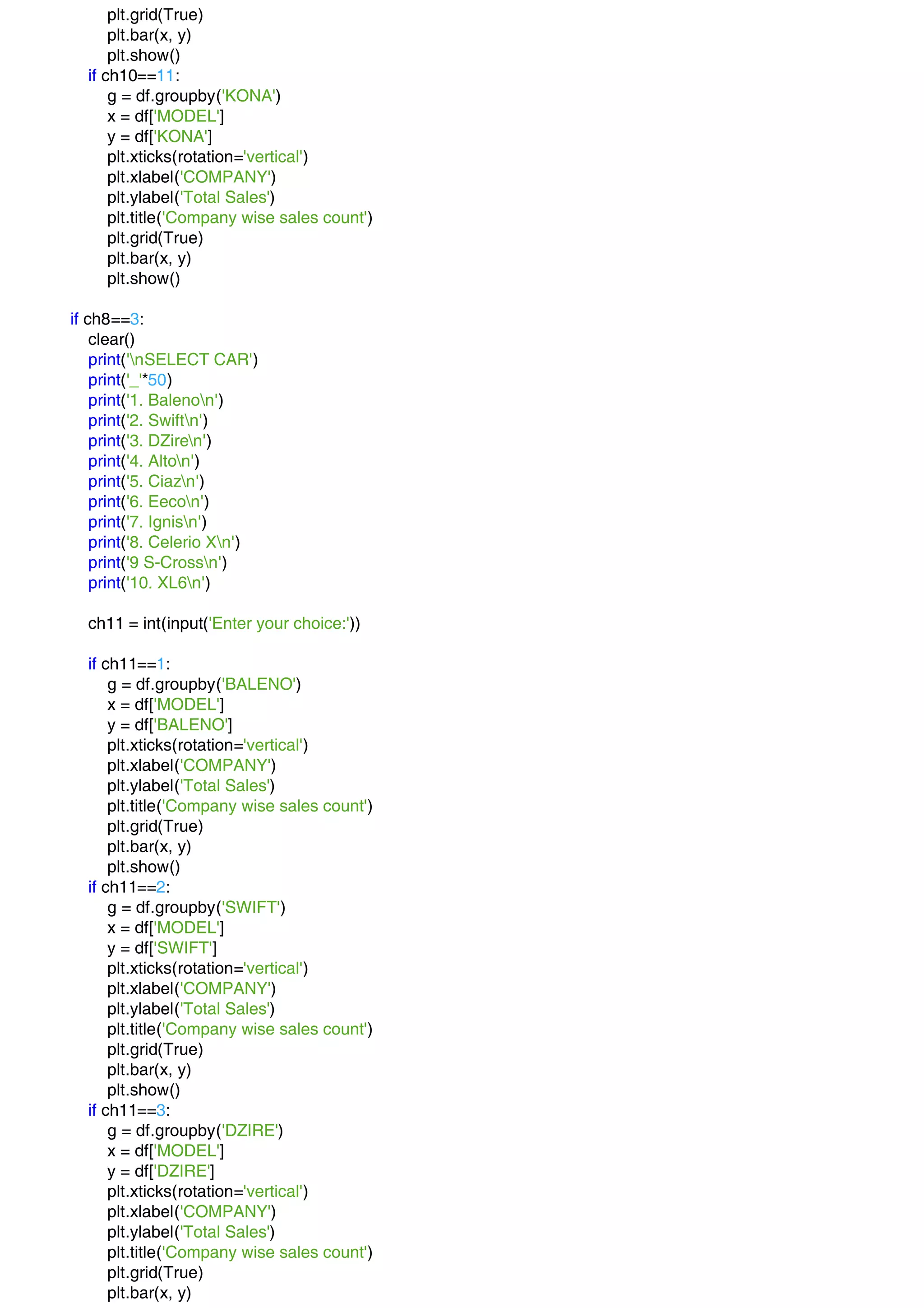plt.grid(True)
plt.bar(x, y)
plt.show()
if ch10==11:
g = df.groupby('KONA')
x = df['MODEL']
y = df['KONA']
plt.xticks(rotation='vertical')
plt.xlabel('COMPANY')
plt.ylabel('Total Sales')
plt.title('Company wise sales count')
plt.grid(True)
plt.bar(x, y)
plt.show()
if ch8==3:
clear()
print('nSELECT CAR')
print('_'*50)
print('1. Balenon')
print('2. Swiftn')
print('3. DZiren')
print('4. Alton')
print('5. Ciazn')
print('6. Eecon')
print('7. Ignisn')
print('8. Celerio Xn')
print('9 S-Crossn')
print('10. XL6n')
ch11 = int(input('Enter your choice:'))
if ch11==1:
g = df.groupby('BALENO')
x = df['MODEL']
y = df['BALENO']
plt.xticks(rotation='vertical')
plt.xlabel('COMPANY')
plt.ylabel('Total Sales')
plt.title('Company wise sales count')
plt.grid(True)
plt.bar(x, y)
plt.show()
if ch11==2:
g = df.groupby('SWIFT')
x = df['MODEL']
y = df['SWIFT']
plt.xticks(rotation='vertical')
plt.xlabel('COMPANY')
plt.ylabel('Total Sales')
plt.title('Company wise sales count')
plt.grid(True)
plt.bar(x, y)
plt.show()
if ch11==3:
g = df.groupby('DZIRE')
x = df['MODEL']
y = df['DZIRE']
plt.xticks(rotation='vertical')
plt.xlabel('COMPANY')
plt.ylabel('Total Sales')
plt.title('Company wise sales count')
plt.grid(True)
plt.bar(x, y)
 