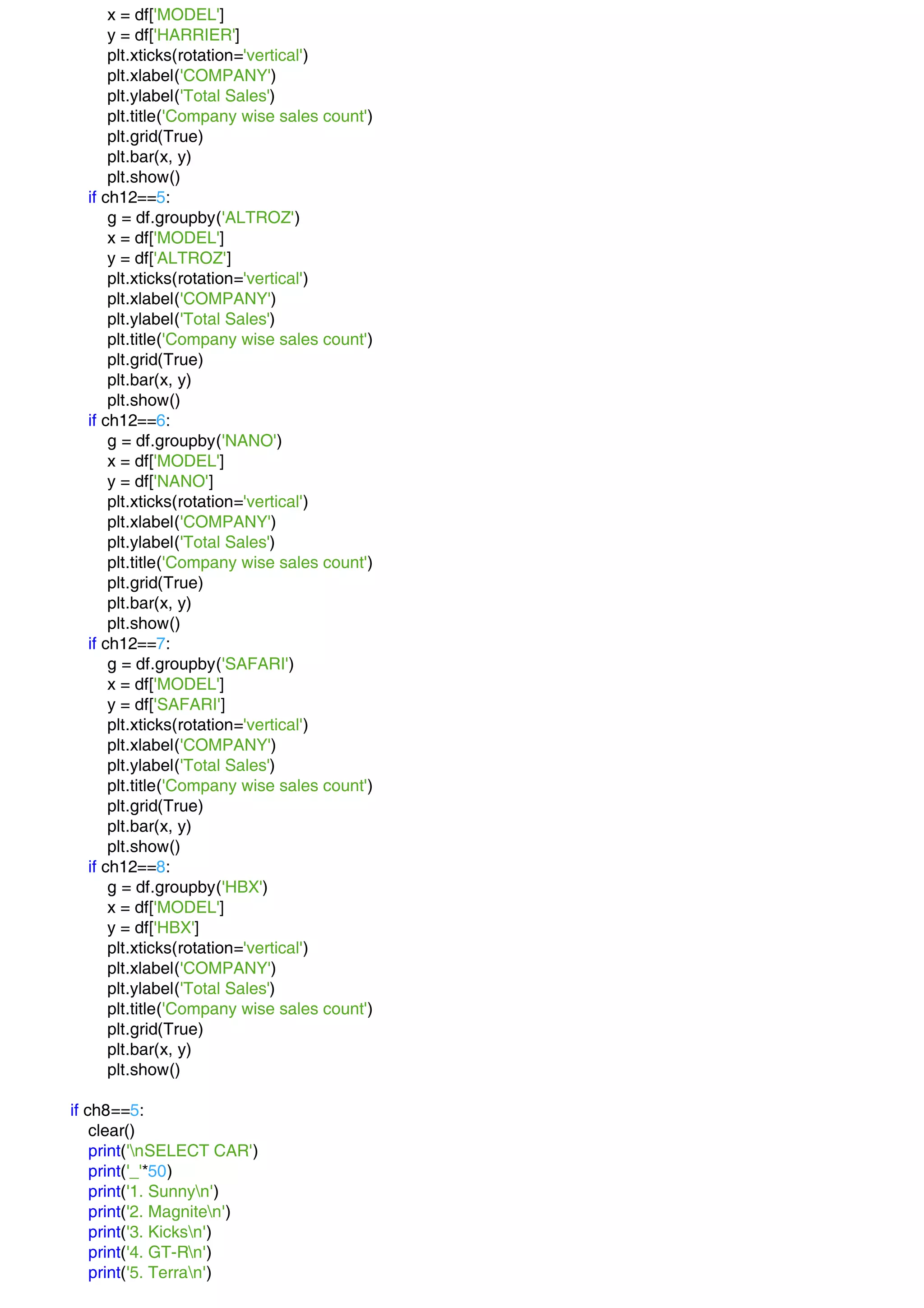 x = df['MODEL']
y = df['HARRIER']
plt.xticks(rotation='vertical')
plt.xlabel('COMPANY')
plt.ylabel('Total Sales')
plt.title('Company wise sales count')
plt.grid(True)
plt.bar(x, y)
plt.show()
if ch12==5:
g = df.groupby('ALTROZ')
x = df['MODEL']
y = df['ALTROZ']
plt.xticks(rotation='vertical')
plt.xlabel('COMPANY')
plt.ylabel('Total Sales')
plt.title('Company wise sales count')
plt.grid(True)
plt.bar(x, y)
plt.show()
if ch12==6:
g = df.groupby('NANO')
x = df['MODEL']
y = df['NANO']
plt.xticks(rotation='vertical')
plt.xlabel('COMPANY')
plt.ylabel('Total Sales')
plt.title('Company wise sales count')
plt.grid(True)
plt.bar(x, y)
plt.show()
if ch12==7:
g = df.groupby('SAFARI')
x = df['MODEL']
y = df['SAFARI']
plt.xticks(rotation='vertical')
plt.xlabel('COMPANY')
plt.ylabel('Total Sales')
plt.title('Company wise sales count')
plt.grid(True)
plt.bar(x, y)
plt.show()
if ch12==8:
g = df.groupby('HBX')
x = df['MODEL']
y = df['HBX']
plt.xticks(rotation='vertical')
plt.xlabel('COMPANY')
plt.ylabel('Total Sales')
plt.title('Company wise sales count')
plt.grid(True)
plt.bar(x, y)
plt.show()
if ch8==5:
clear()
print('nSELECT CAR')
print('_'*50)
print('1. Sunnyn')
print('2. Magniten')
print('3. Kicksn')
print('4. GT-Rn')
print('5. Terran')
 