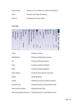 Page | 12
Printer Setup : Setting Up Your Printers on UNIX and Windows
Desk : Using the File Desk Workbench
Send To : Transferring Version 5 Data
4.2.3 Edit
Undo : Undoing Actions
Redo/Repeat : Redoing and Repeating Actions
Cut : Cutting and Pasting Objects
Copy : Copying and Pasting Objects
Paste : Cutting and Pasting Objects
Paste Special : Using the Paste Special command
Delete : Deleting Objects
Search : Selecting Using the Search Command
Selection Sets : Storing Selections Using Selection Sets
Selection Sets Edition : Editing Selection Sets
Find Owning Selection Sets : Storing Selections Using Selection Sets
 