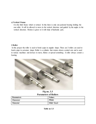 c) Vertical Frame:
It is the third frame which is vertical. In this there is only one pedestal bearing holding the
one roller. It will be allowed to move in the vertical direction and guided by the angles in the
vertical direction. Motion is given to it with help of hydraulic jack.
2 Roller
In this project the roller is used to bend a pipe in angular shape. There are 3 rollers are used to
bend a pipe in curvature shape. Roller is a cylinder that rotates about a central axis and is used
in various machines and devices to move, flatten or spread something. A roller always consist a
bearing.
Fig no. 3.3
Parameters of Rollers
Parameters Values
Diameter 30mm
Material Mild Steel
Table no 3.3
 