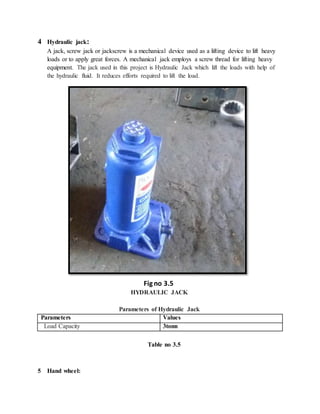 4 Hydraulic jack:
A jack, screw jack or jackscrew is a mechanical device used as a lifting device to lift heavy
loads or to apply great forces. A mechanical jack employs a screw thread for lifting heavy
equipment. The jack used in this project is Hydraulic Jack which lift the loads with help of
the hydraulic fluid. It reduces efforts required to lift the load.
Fig no 3.5
HYDRAULIC JACK
Parameters of Hydraulic Jack
Parameters Values
Load Capacity 3tonn
Table no 3.5
5 Hand wheel:
 