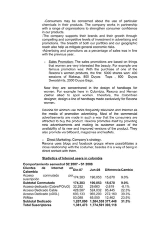 -Consumers may be concerned about the use of particular
           chemicals in their products. The company works in partnership
           with a range of organisations to strengthen consumer confidence
           in our products.
           -The company supports their brands and their growth through
           compelling and competitive levels of investment in advertising and
           promotions. The breadth of both our portfolio and our geographic
           reach also help us mitigate general economic risks.
           -Advertising and promotions as a percentage of sales was in line
           with the previous year.

               o   Sales Promotion: The sales promotions are based on things
                   that women are very interested like beauty. For example one
                   famous promotion was: With the purchase of one of the
                   Rexona´s women products, the first 5000 shares won: 400
                   sessions of Makeup, 800 Duyos Tops , 800 Duyos
                   Sweatshirts, 2000 Duyos Bags.

               Now they are concentrared in the design of handbags for
               women. For example here in Colombia, Rexona and Hernan
               Zakhar allied to spoil women. Therefore, the Colombian
               designer, design a line of handbags made exclusively for Rexona
               women.

           Rexona for women use more frequently television and Internet as
           the media of promotion advertising. Most of the commercial
           advertisements are made in such a way that the consumers are
           attracted to buy the product. Rexona promotes itself by providing
           new advertisements and making its customer aware of the
           availability of its new and improved versions of the product. They
           also promote via billboard, magazines and leaflets.

           o   Direct Marketing: Company’s strategy.
           Rexona uses blogs and facebook groups where possibilitates a
           close relationship with the costumer, besides it is a way of being in
           direct contact with them.

           Stadistics of Internet users in colombia
Comportamiento semestral S2 2007 - S1 2008
Clientes    de     Internet en
                               Dic-07    Jun-08 Diferencia Cambio
Colombia
Acceso       conmutado      por
                               174,383   190,053 15,670    9.0%
suscripción
Subtotal Conmutado             174,383   190,053 15,670    9.0%
Acceso dedicado (Cobre/FO/uO) 32,282     29,663    -2,619  -8.1%
Acceso Dedicado Cable          428,587   524,032 95,445    22.3%
Acceso Dedicado (xDSL)         693,133   965,293 272,160 39.3%
WiMax                          53,088    65,550    12,462  23.5%
Subtotal Dedicado              1,207,090 1,584,538 377,448 31.3%
Total Suscriptores             1,381,473 1,774,591 393,118
 