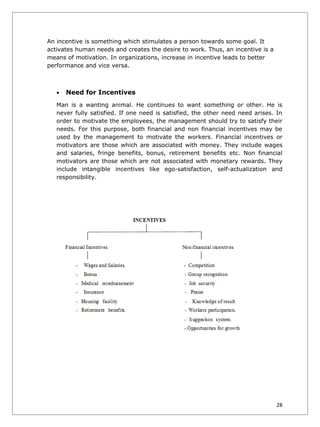An incentive is something which stimulates a person towards some goal. It
activates human needs and creates the desire to work. Thus, an incentive is a
means of motivation. In organizations, increase in incentive leads to better
performance and vice versa.



   •   Need for Incentives
   Man is a wanting animal. He continues to want something or other. He is
   never fully satisfied. If one need is satisfied, the other need need arises. In
   order to motivate the employees, the management should try to satisfy their
   needs. For this purpose, both financial and non financial incentives may be
   used by the management to motivate the workers. Financial incentives or
   motivators are those which are associated with money. They include wages
   and salaries, fringe benefits, bonus, retirement benefits etc. Non financial
   motivators are those which are not associated with monetary rewards. They
   include intangible incentives like ego-satisfaction, self-actualization and
   responsibility.




                                                                                28
 
