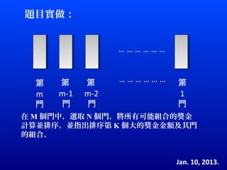 題目實做：


                  ………………


  第   第     第     ………………   第
  m   m-1   m-2            1
  門   門     門              門
在 M 個門中，選取 N 個門，將所有可能組合的獎金
計算並排序，並指出排序第 K 個大的獎金金額及其門
的組合。


                           Jan. 10, 2013.
 