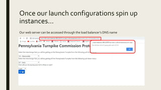 Once our launch configurations spin up
instances…
Our web server can be accessed through the load balancer’s DNS name
 