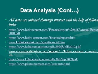 Data Analysis (Cont…)‫‏‬
• All data are collected thorough internet with the help of followin
links
• http://www.luckycement.com/Financialreport%20pdf/Annual-Report
2010.pdf
• http://www.lucky-cement.com/financialreports.htm
• www.kohatcement.com/mainfinancial.htm
• http://www.kohatcement.com/pdf/30thJUNE2010.pdf
• www.researchandmarkets.com/reports/.../kohat_cement_company_
08_
• http://www.kohatcement.com/pdf/30thSept2009.pdf
• http://www.pioneercement.com/accounts.html
 