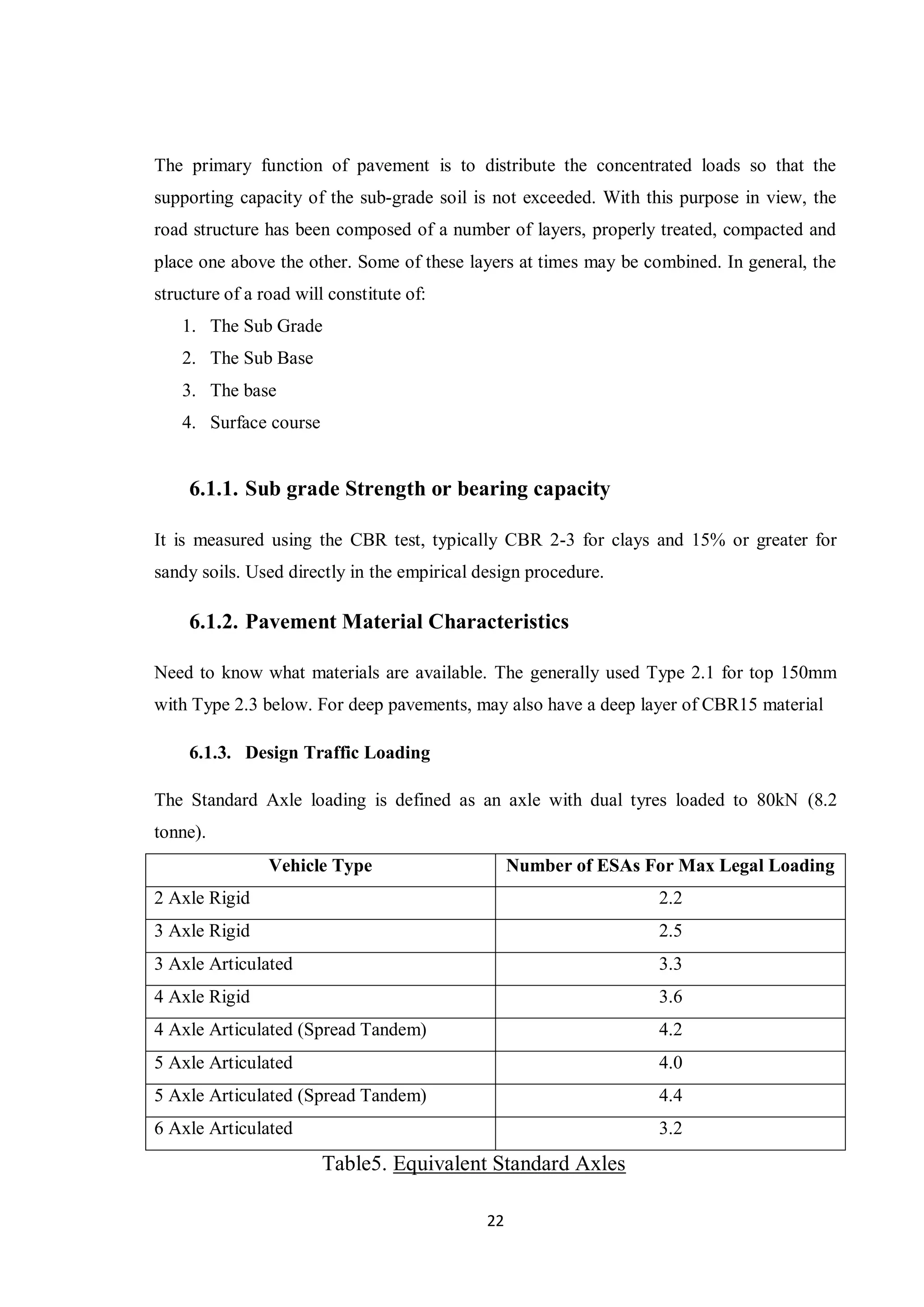 22
The primary function of pavement is to distribute the concentrated loads so that the
supporting capacity of the sub-grade soil is not exceeded. With this purpose in view, the
road structure has been composed of a number of layers, properly treated, compacted and
place one above the other. Some of these layers at times may be combined. In general, the
structure of a road will constitute of:
1. The Sub Grade
2. The Sub Base
3. The base
4. Surface course
6.1.1. Sub grade Strength or bearing capacity
It is measured using the CBR test, typically CBR 2-3 for clays and 15% or greater for
sandy soils. Used directly in the empirical design procedure.
6.1.2. Pavement Material Characteristics
Need to know what materials are available. The generally used Type 2.1 for top 150mm
with Type 2.3 below. For deep pavements, may also have a deep layer of CBR15 material
6.1.3. Design Traffic Loading
The Standard Axle loading is defined as an axle with dual tyres loaded to 80kN (8.2
tonne).
Vehicle Type Number of ESAs For Max Legal Loading
2 Axle Rigid 2.2
3 Axle Rigid 2.5
3 Axle Articulated 3.3
4 Axle Rigid 3.6
4 Axle Articulated (Spread Tandem) 4.2
5 Axle Articulated 4.0
5 Axle Articulated (Spread Tandem) 4.4
6 Axle Articulated 3.2
Table5. Equivalent Standard Axles
 