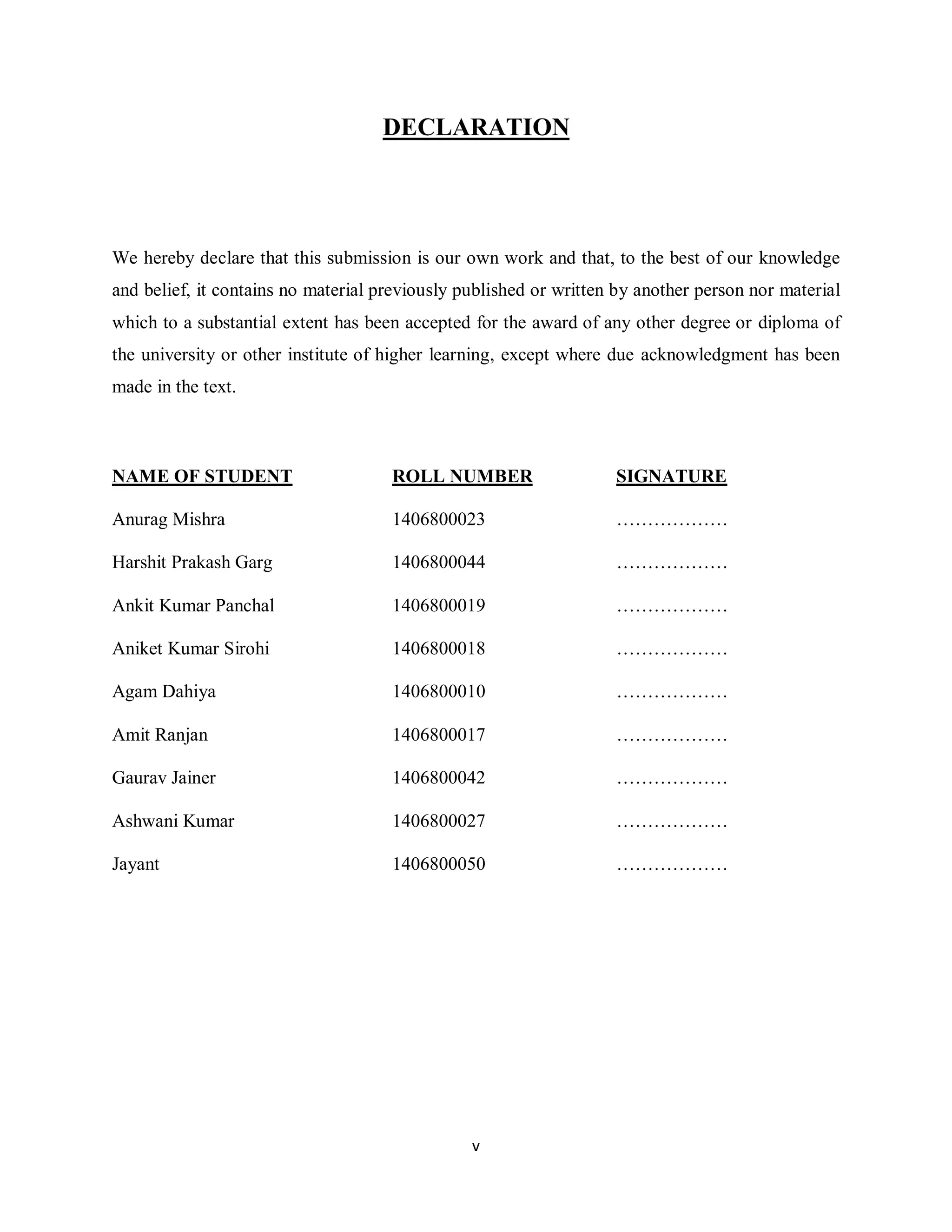 v
DECLARATION
We hereby declare that this submission is our own work and that, to the best of our knowledge
and belief, it contains no material previously published or written by another person nor material
which to a substantial extent has been accepted for the award of any other degree or diploma of
the university or other institute of higher learning, except where due acknowledgment has been
made in the text.
NAME OF STUDENT ROLL NUMBER SIGNATURE
Anurag Mishra 1406800023 ………………
Harshit Prakash Garg 1406800044 ………………
Ankit Kumar Panchal 1406800019 ………………
Aniket Kumar Sirohi 1406800018 ………………
Agam Dahiya 1406800010 ………………
Amit Ranjan 1406800017 ………………
Gaurav Jainer 1406800042 ………………
Ashwani Kumar 1406800027 ………………
Jayant 1406800050 ………………
 