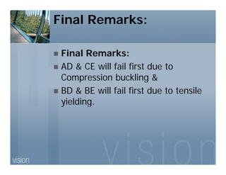 Final Remarks:
Final Remarks:Final Remarks:
AD & CE will fail first due to
Compression buckling &Compression buckling &
BD & BE will fail first due to tensile
i ldiyielding.
 