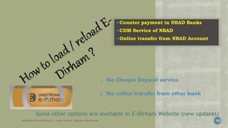Counter payment in NBAD Banks
CDM Service of NBAD
Online transfer from NBAD Account
Havelock AHI Interiors LLC / Admin & Govt. Relation Department 10
1. No Cheque Deposit service
2. No online transfer from other bank
Some other options are available in E-Dirham Website (new updates)
 