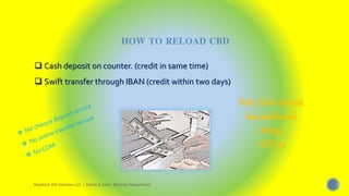 HOW TO RELOAD CBD
 Cash deposit on counter. (credit in same time)
 Swift transfer through IBAN (credit within two days)
Note: Each deposit
has additional
charge
AED50
Havelock AHI Interiors LLC / Admin & Govt. Relation Department
9
 