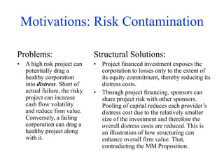Motivations: Risk Contamination
Problems:
• A high risk project can
potentially drag a
healthy corporation
into distress. Short of
actual failure, the risky
project can increase
cash flow volatility
and reduce firm value.
Conversely, a failing
corporation can drag a
healthy project along
with it.
Structural Solutions:
• Project financed investment exposes the
corporation to losses only to the extent of
its equity commitment, thereby reducing its
distress costs.
• Through project financing, sponsors can
share project risk with other sponsors.
Pooling of capital reduces each provider’s
distress cost due to the relatively smaller
size of the investment and therefore the
overall distress costs are reduced. This is
an illustration of how structuring can
enhance overall firm value. That,
contradicting the MM Proposition.
 